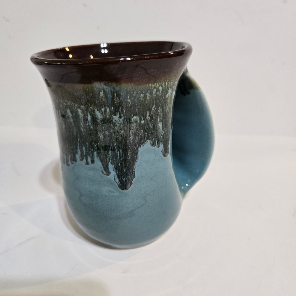 Neher Right Hand Warmer Mug Blue Brown Drip Glaze Studio Pottery 2019 Hygge Cozy